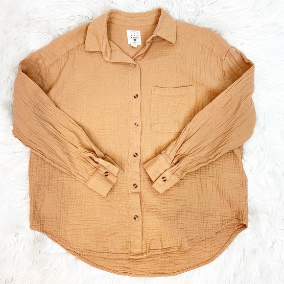 BILLABONG ORANGE CRINKLE GAUZE BUTTON FRONT LONG SLEEVE BLOUSE WOMENS SMALL - Picture 5 of 12